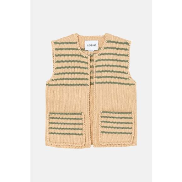 RE/DONE Patch Pocket Wool Vest Apricot Tan Sage Green Stripe Medium - Picture 2 of 8